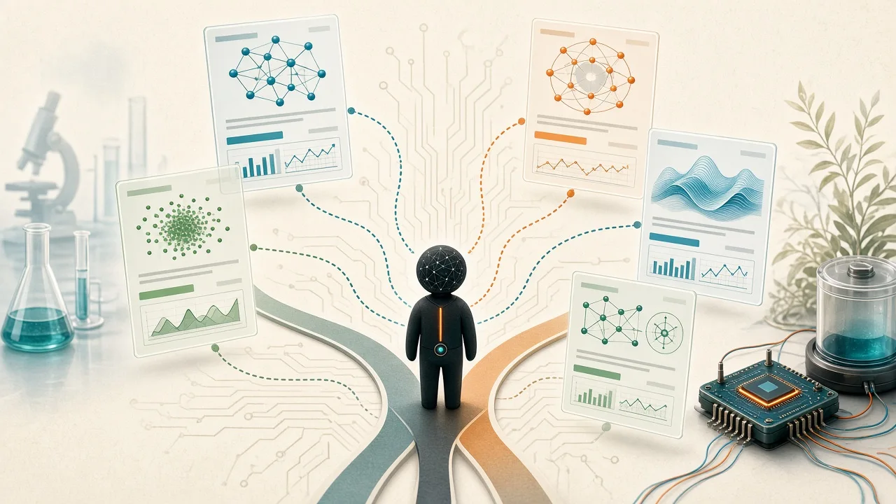 Conceptual illustration showing an LLM agent facing ambiguous scientific claims with varying interpretations