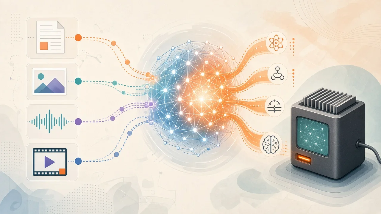 Conceptual diagram showing mixture-of-experts architecture integrating multimodal inputs for an open-weight AI model
