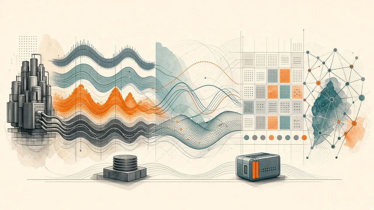 Conceptual visualization of multivariate industrial time series data, simulation pipelines, and benchmark metrics