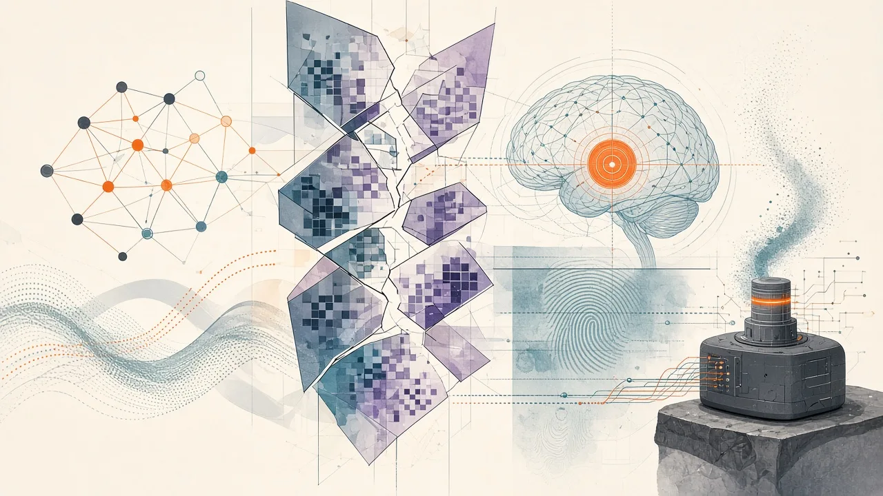 Conceptual visualization of LLM internal representations revealing quantization fingerprints alongside an anosognosia analogy