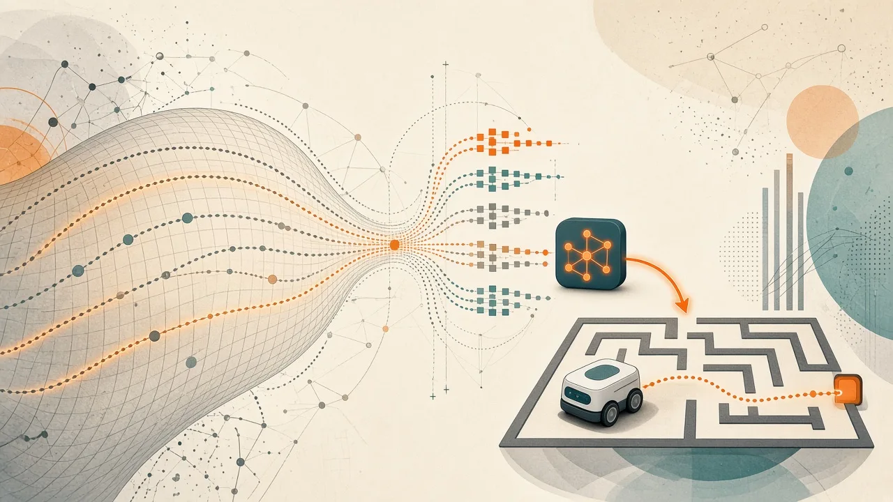 Editorial visualization of vector-quantized geodesic trajectories forming a tool library for LLM agents in a grid environment