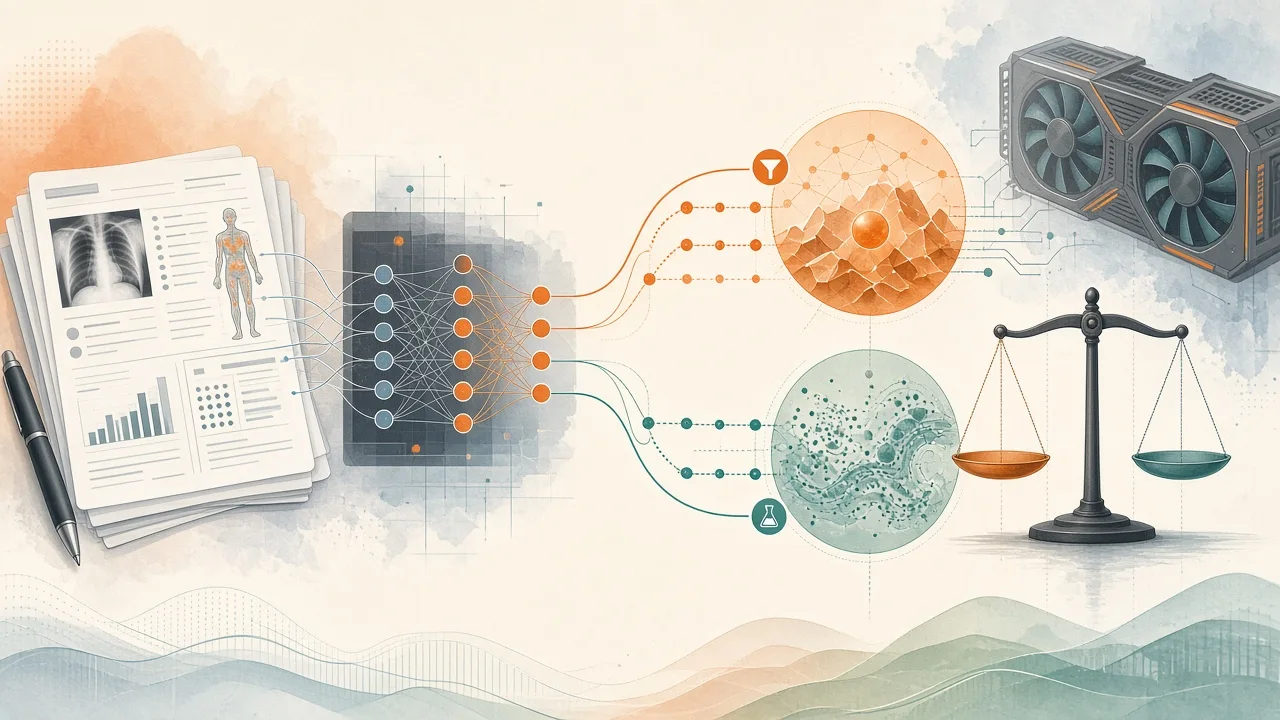 Conceptual diagram contrasting distillation and synthetic data paths for fine-tuning an open-weight language model on radiology text, with performance metrics overlaid