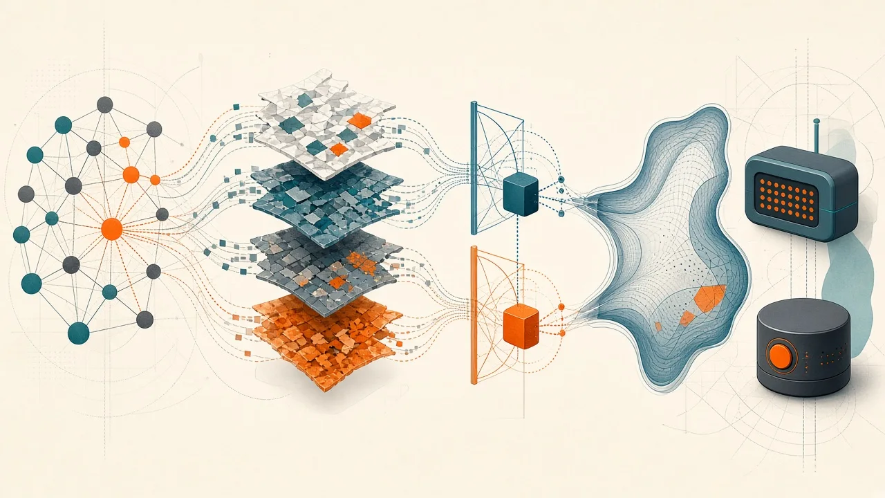 Conceptual visualization of dual-constrained subspace projection erasing knowledge in an LLM