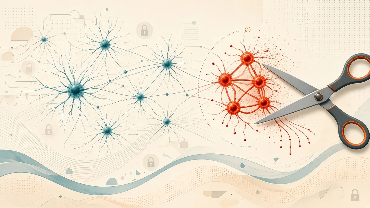 Conceptual diagram showing selective neuron pruning in a large language model to remove privacy-leaking units while preserving overall structure