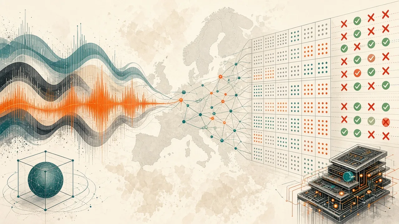 Stylized visualization of ASR benchmark optimization with audio signals, transcription variants, and European map elements
