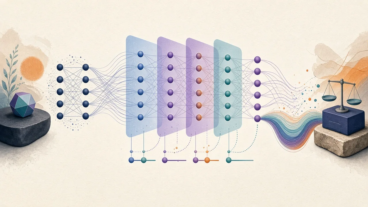 Conceptual visualization of shared neural features being reweighted during on-policy distillation
