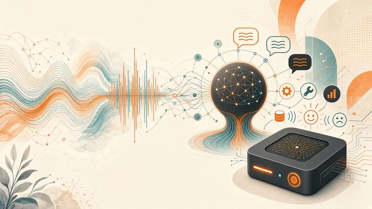 Stylized voice AI conversation pipeline showing transcription, reasoning, tool use and expressive speech synthesis