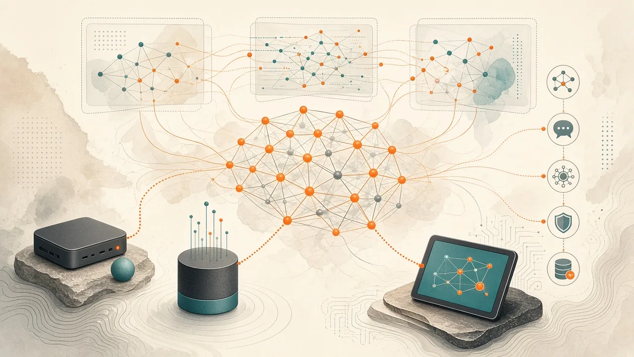 Stylized visualization of a Mixture-of-Experts model architecture running locally on hardware
