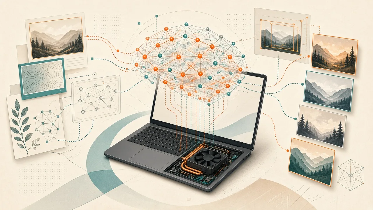 Digital illustration representing the FLUX 3 Image Klein model running locally on consumer hardware for image generation and editing