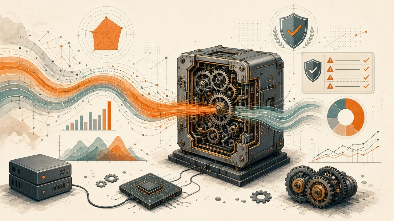 Editorial illustration showing an open-weight multimodal AI model with performance metrics and verification checklist elements