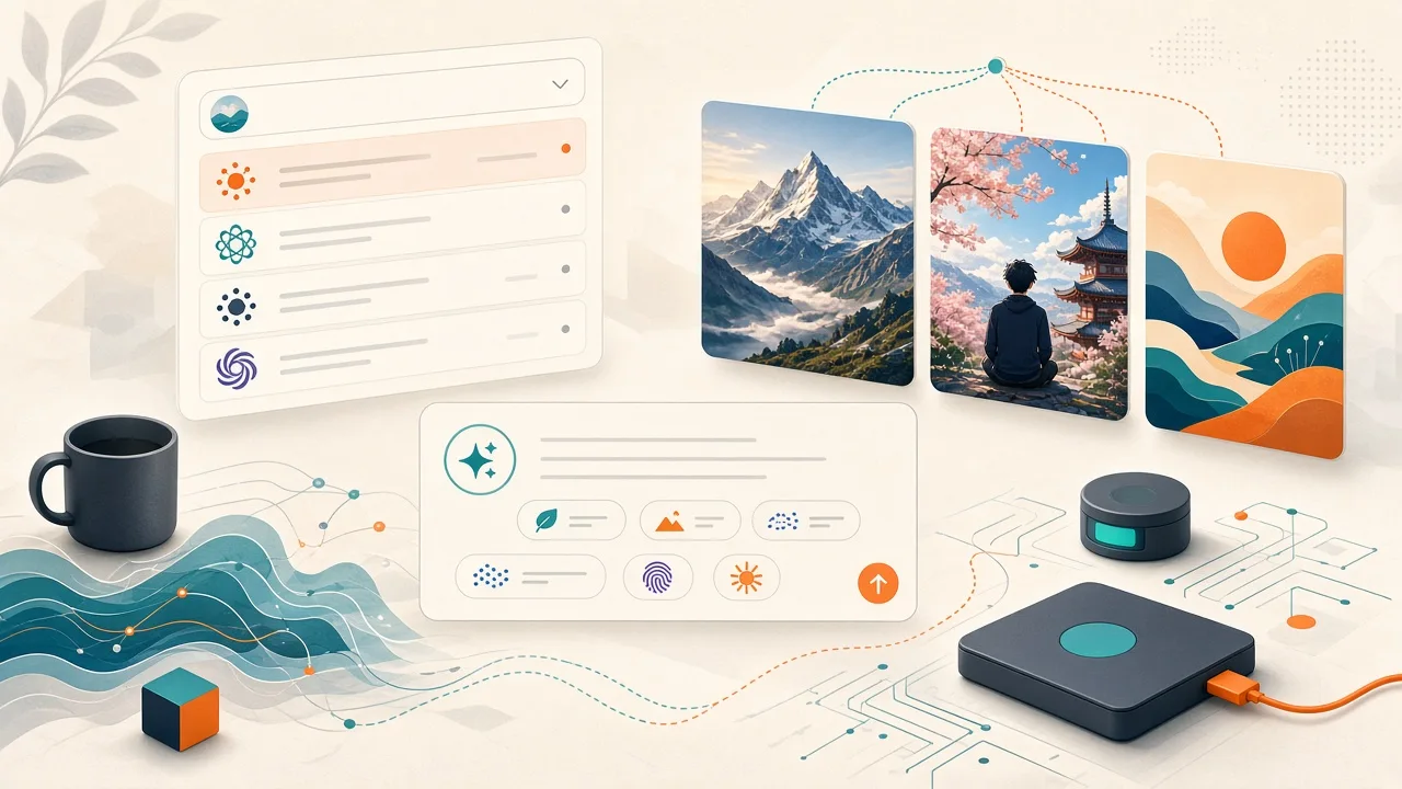 Digital illustration representing Venice AI Studio interface with model selection, prompt input, and sample generated images
