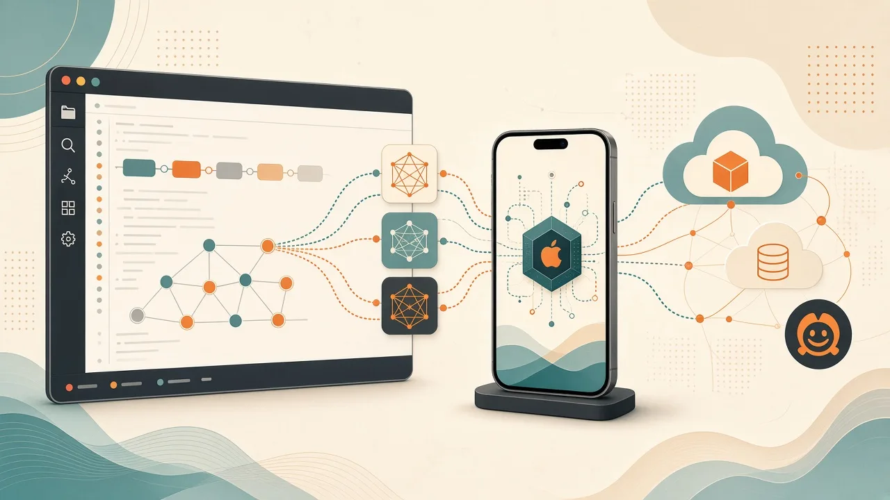 Illustration showing AnyLanguageModel API connecting local Apple devices to open-weight models and hosted inference services