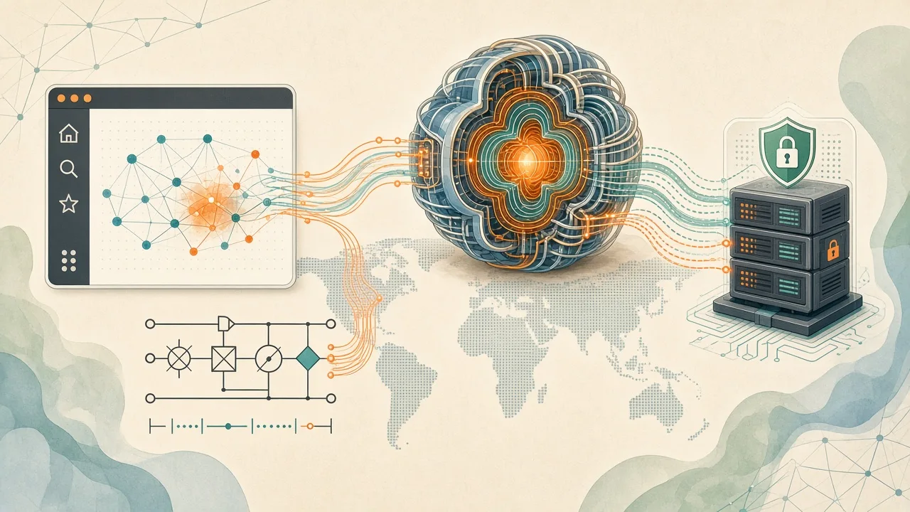 Conceptual diagram linking AI model capabilities to real-world applications in web browsers, quantum research, fusion energy and healthcare security on a global scale