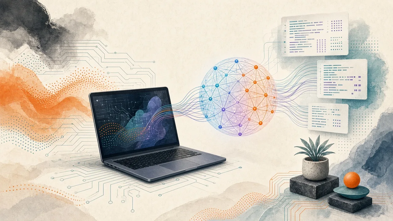 Stylized digital artwork showing an open-source AI model running locally on a computer with image and code elements