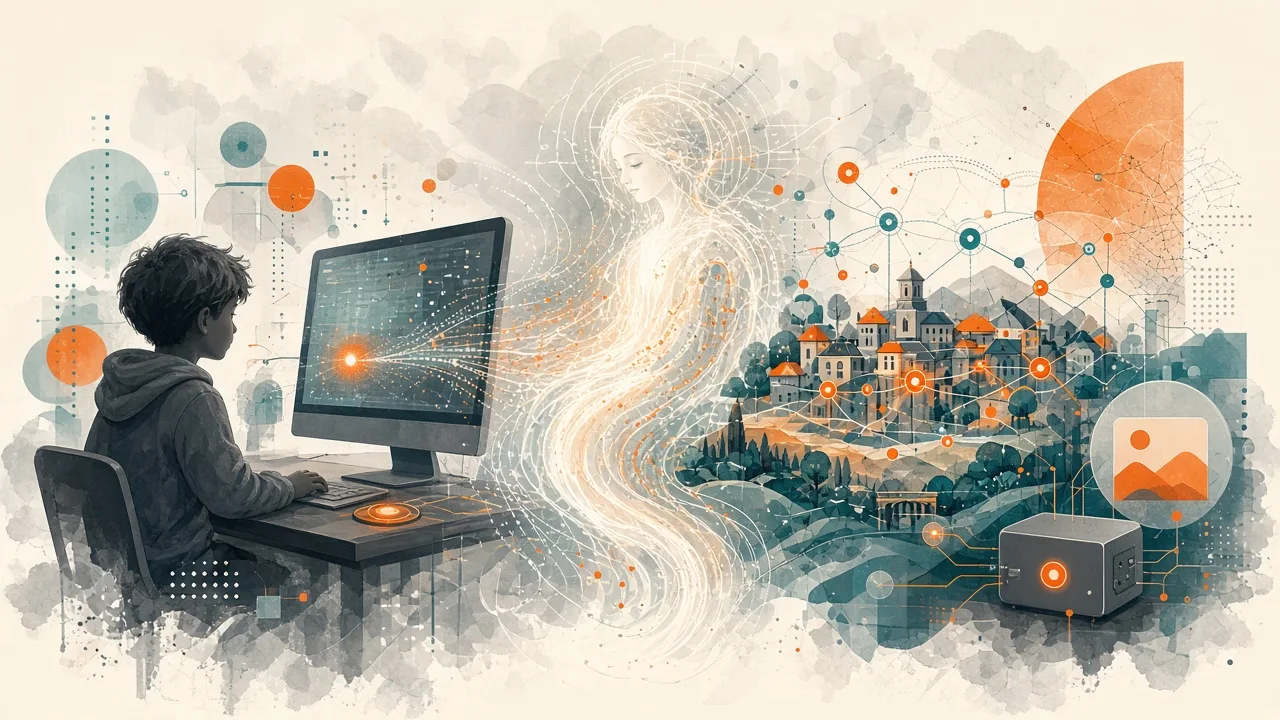 Stylized illustration representing the core concept of the film The Gifted, showing a child creating an AI presence from code that connects to a community