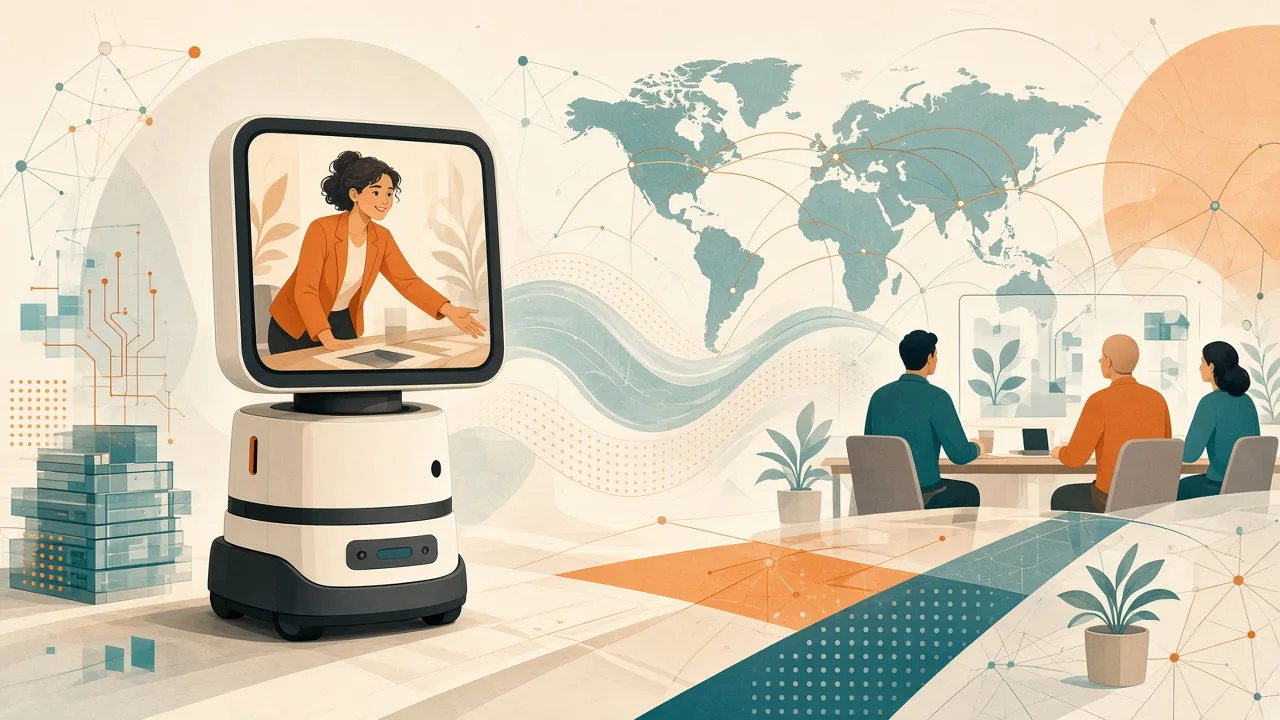 Stylized depiction of Google Beam hardware creating a face-to-face meeting across distance