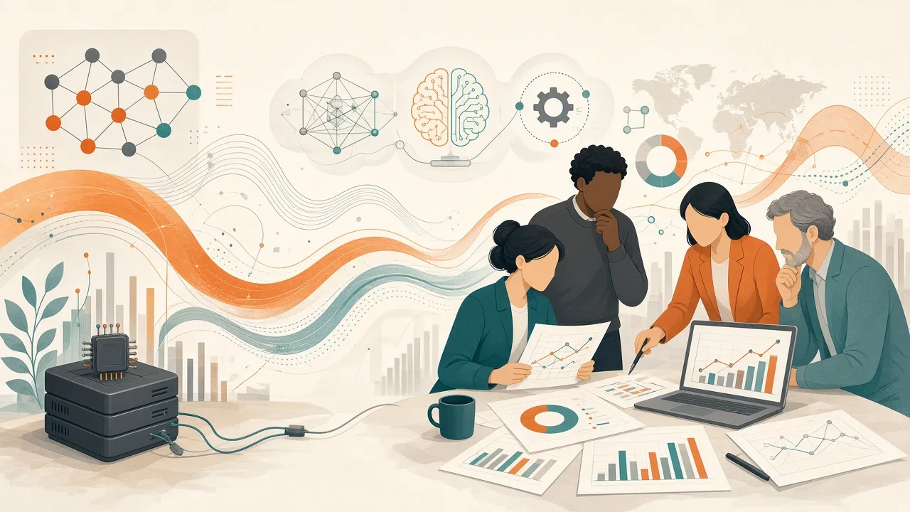 Illustration of economists analyzing AI economic data