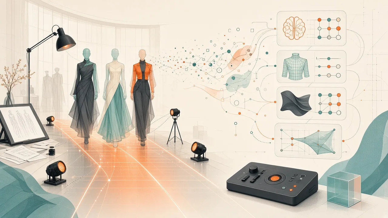 Conceptual artwork showing AI-assisted fashion workflow with virtual models and runway visualization