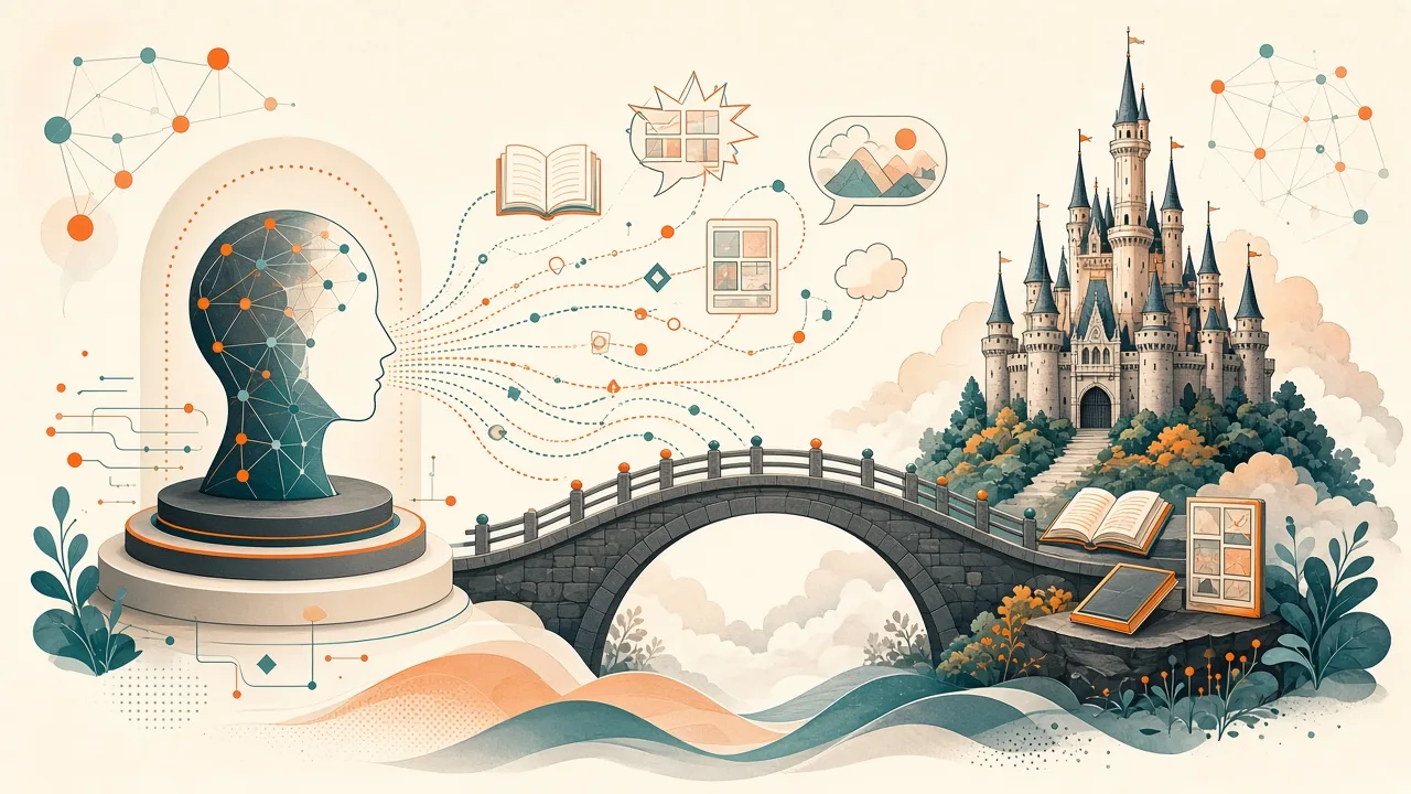 Stylized bridge linking Character.AI elements to Disney entertainment symbols