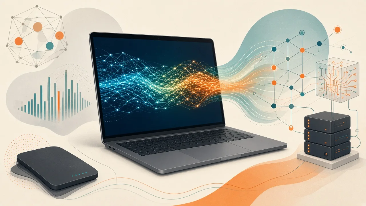 Stylized MacBook displaying abstract AI acceleration graphics
