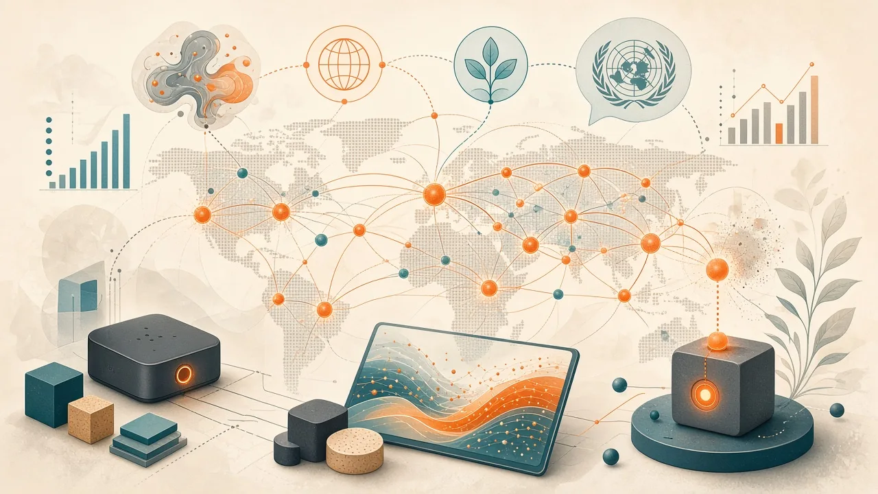 Stylized visualization of the UN System Data Commons knowledge graph connecting international statistics