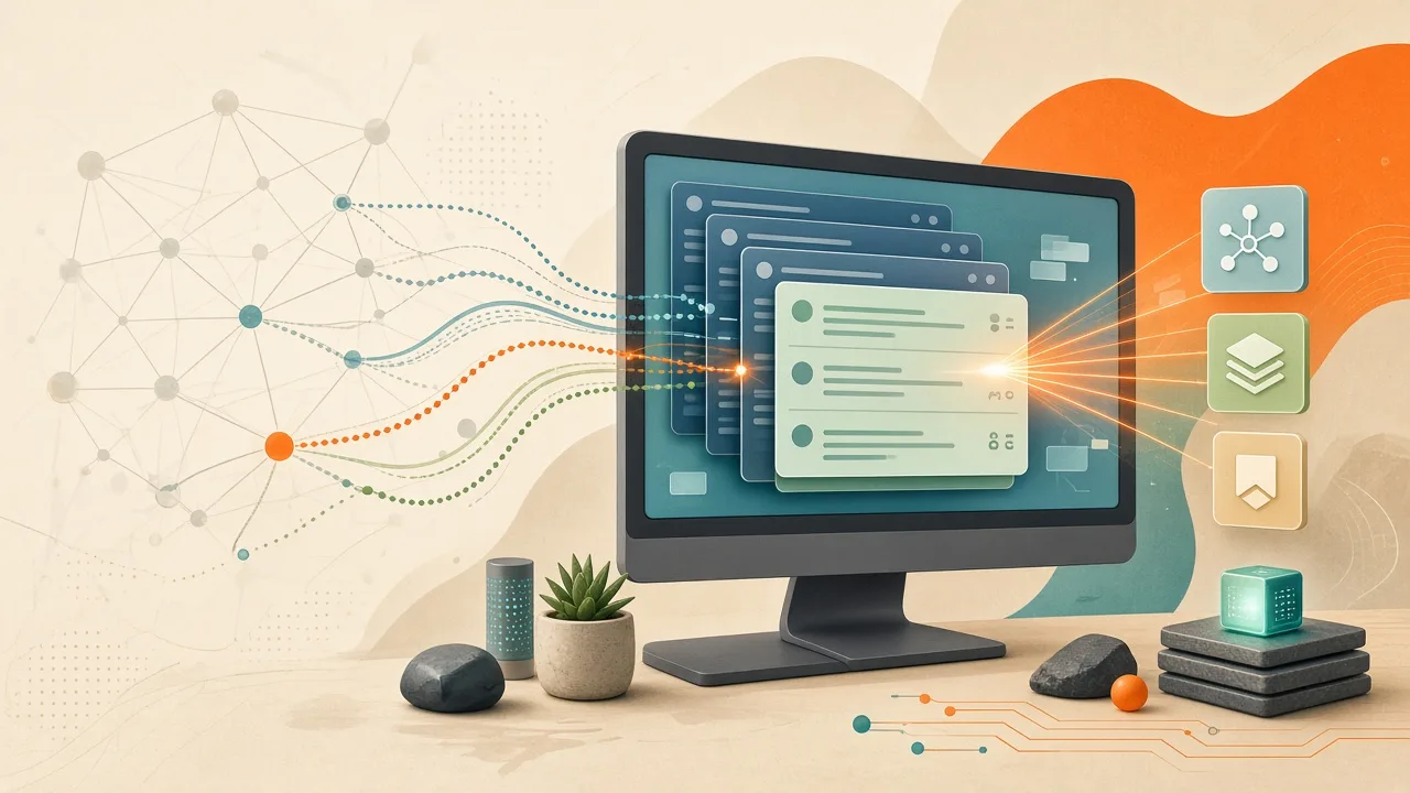 Stylized representation of local AI session introspection showing connected conversation histories on a desktop interface