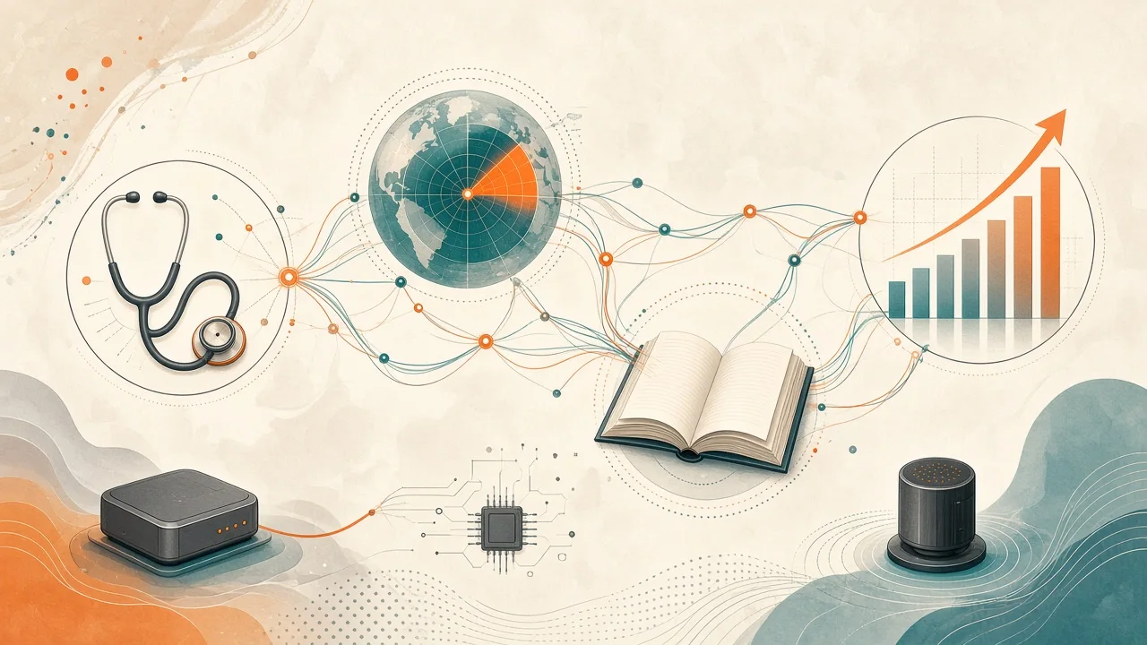 Conceptual diagram of AI applications in health, disaster prediction, education and economic growth