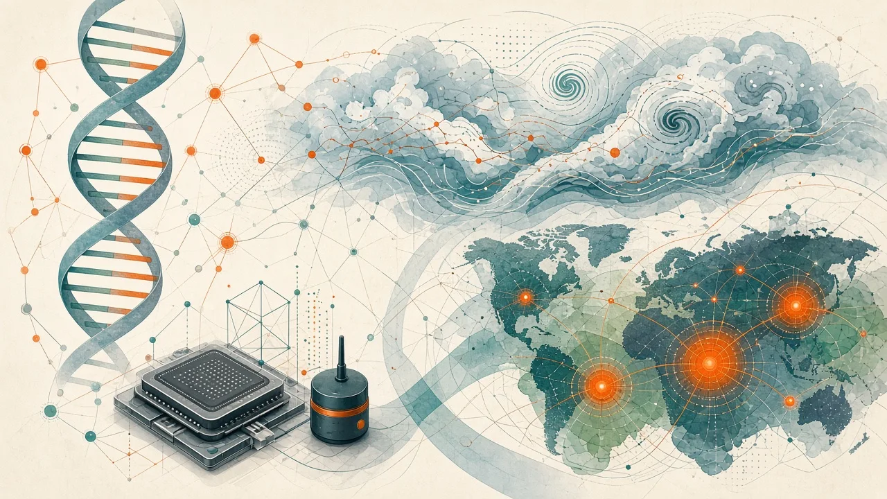 Conceptual visualization of open AI tools for genomics, weather forecasting, and planetary prediction