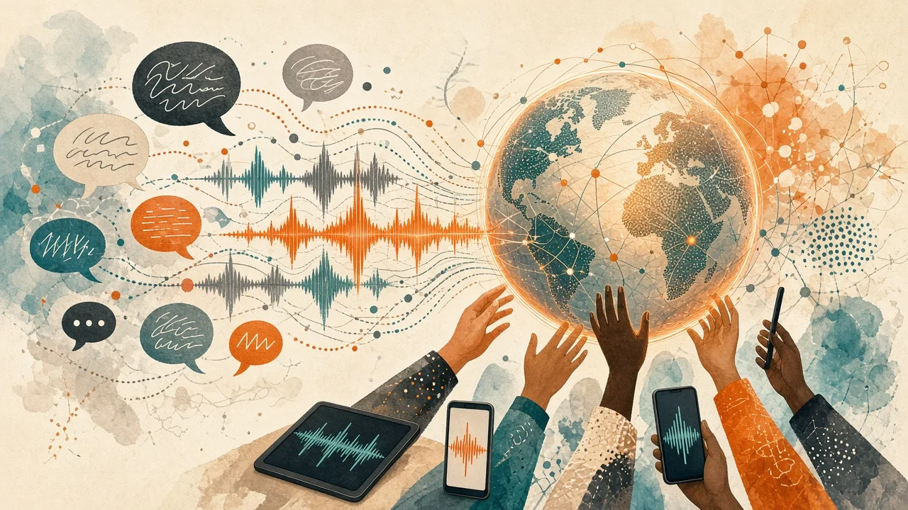 Conceptual illustration showing global language diversity flowing into accessible AI tools
