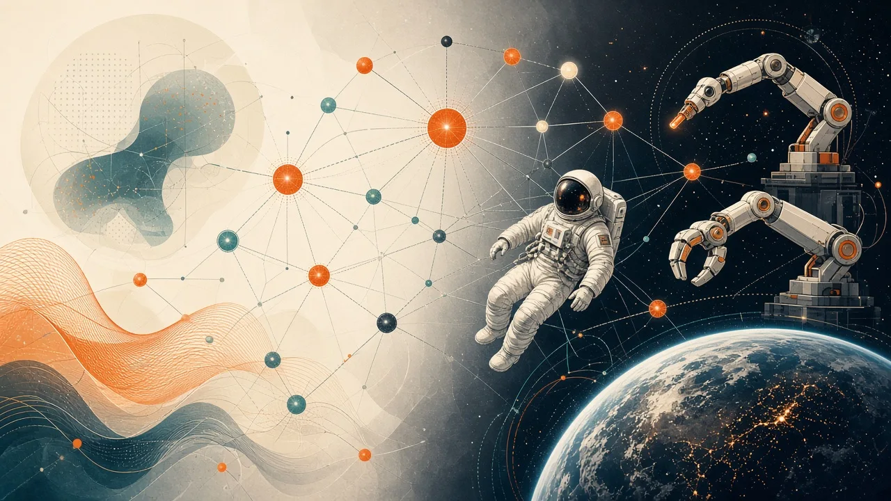 Stylized graphic of astronaut, Earth, and AI elements representing space-technology dialogue