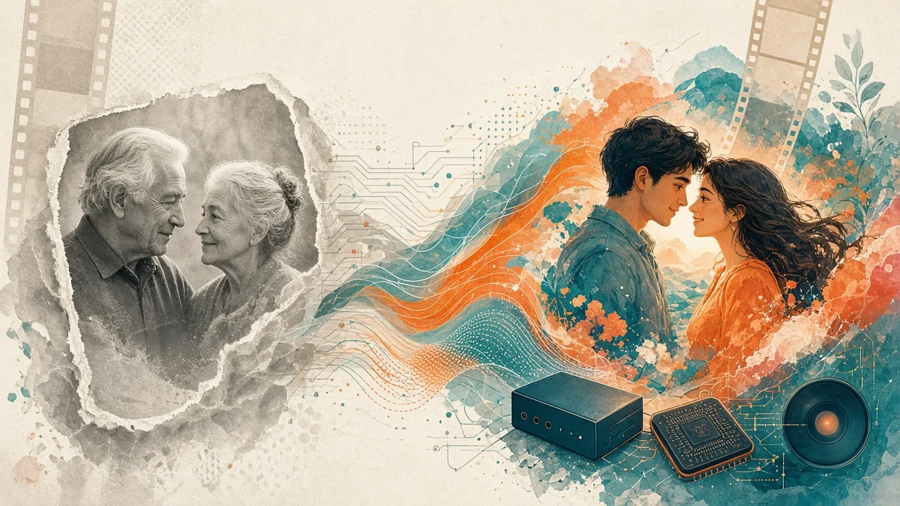 Stylized before-and-after image restoration concept showing an old couple’s memory being brought to life