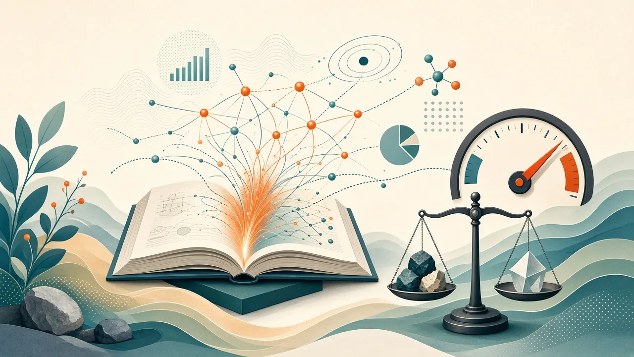 Stylized open scientific document connected to neural circuitry and citation icons with a speed indicator