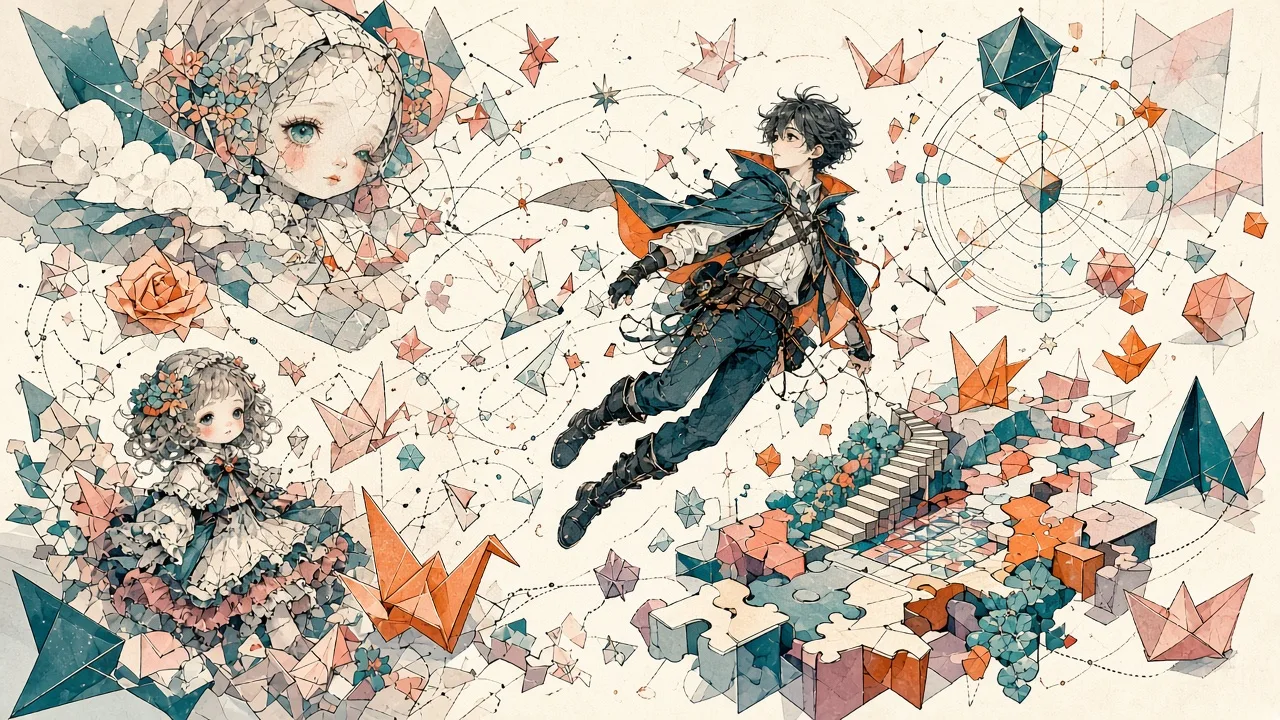 Stylized collage representing Zairisu's scene aesthetics with props and character designs from Character.ai