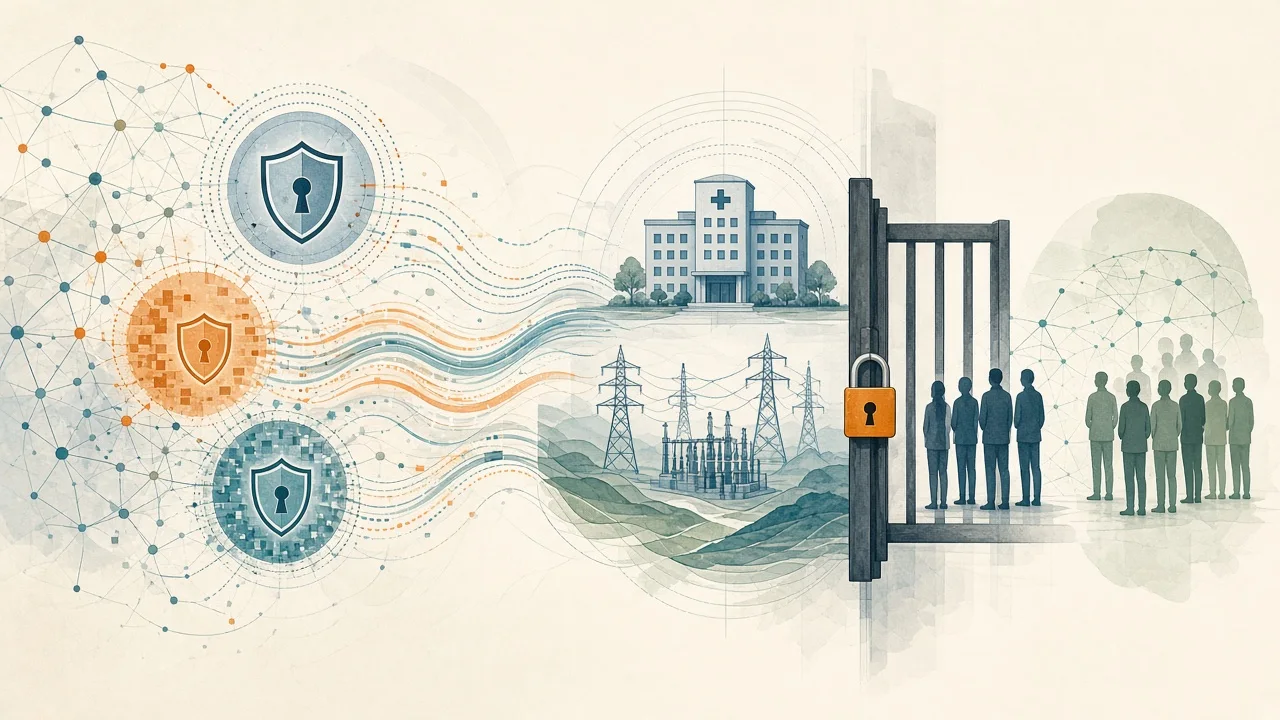 Stylized graphic showing layered cyber defense with AI agents fixing code vulnerabilities behind a restricted access barrier