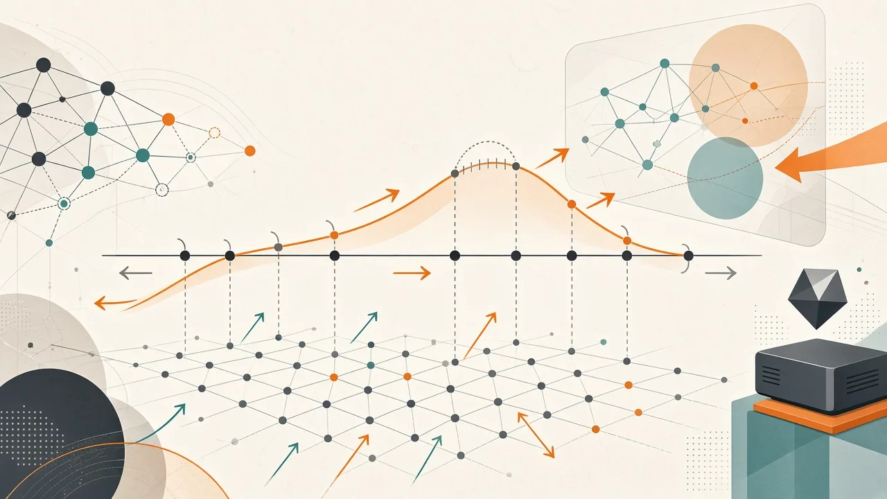 Editorial visualization of zero-and-first-order optimization separating direction and adaptive step-size along a curved objective landscape
