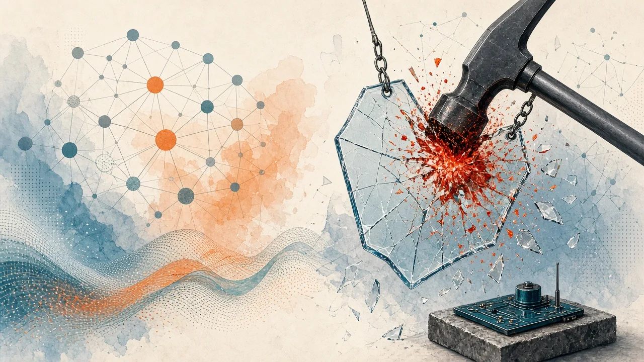 Conceptual artwork depicting the fragility of trigger-tag mechanisms against attacks on open-weight LLMs