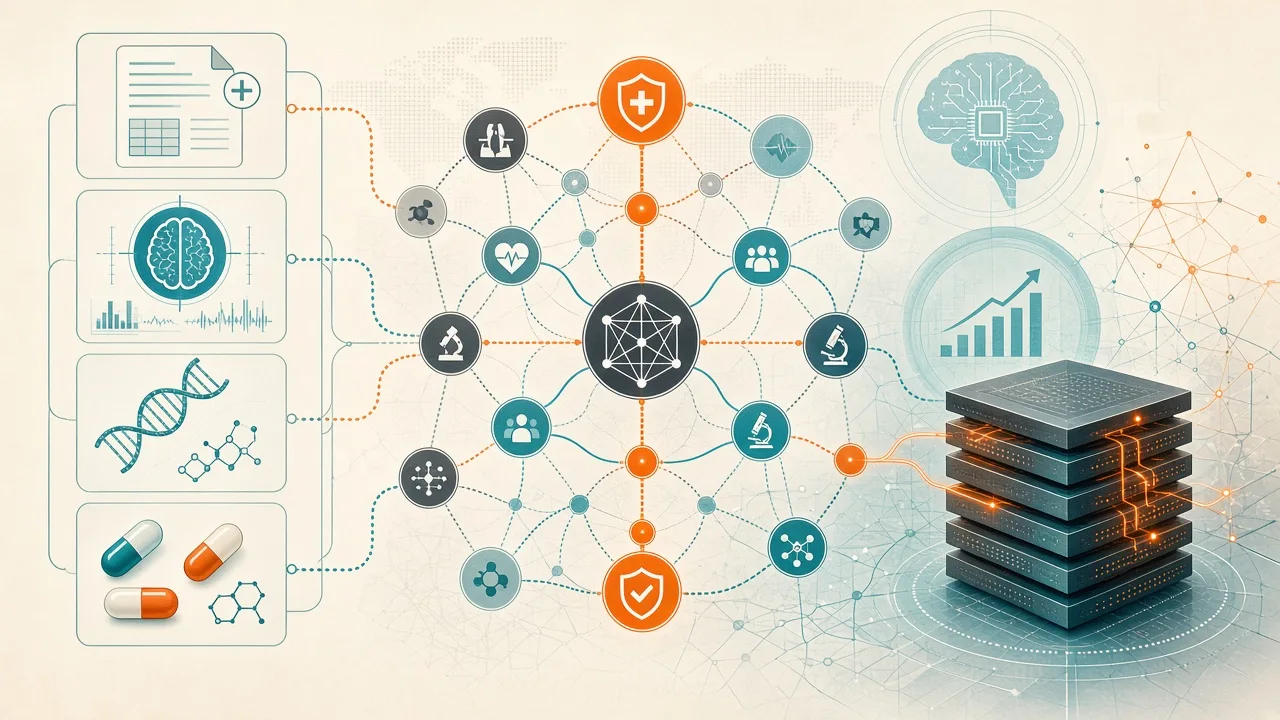 Layered biomedical knowledge graph diagram with multimodal patient data nodes connected to UMLS concepts
