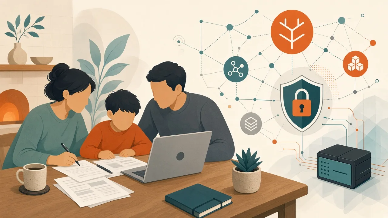 Illustration of a household using a laptop for local legal document review with privacy protection symbols
