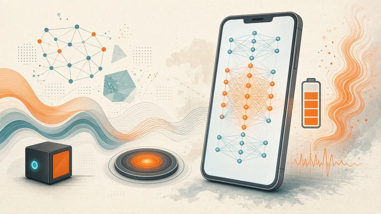 Stylized smartphone running on-device LLM training with visible performance metrics