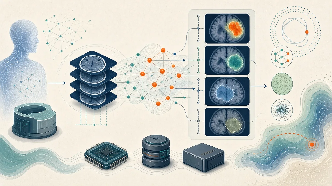 Conceptual visualization of structured clinical reasoning layers applied to medical images