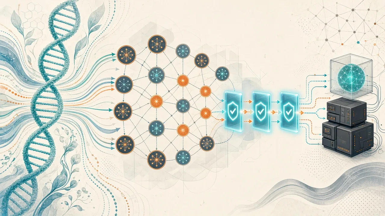 Conceptual diagram showing constrained agentic workflow for genomic variant interpretation