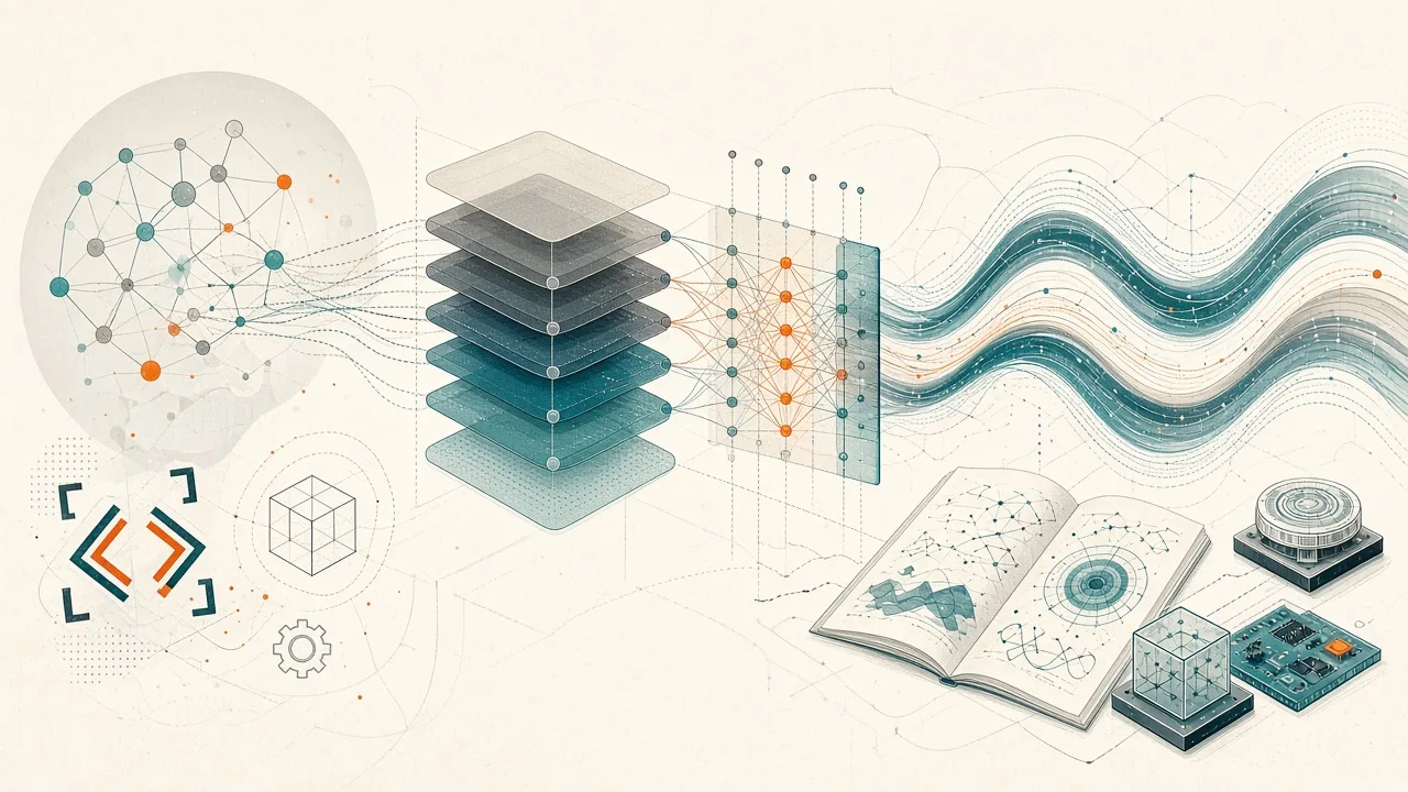 Conceptual visualization of hybrid AI model architecture presented at COLM 2026