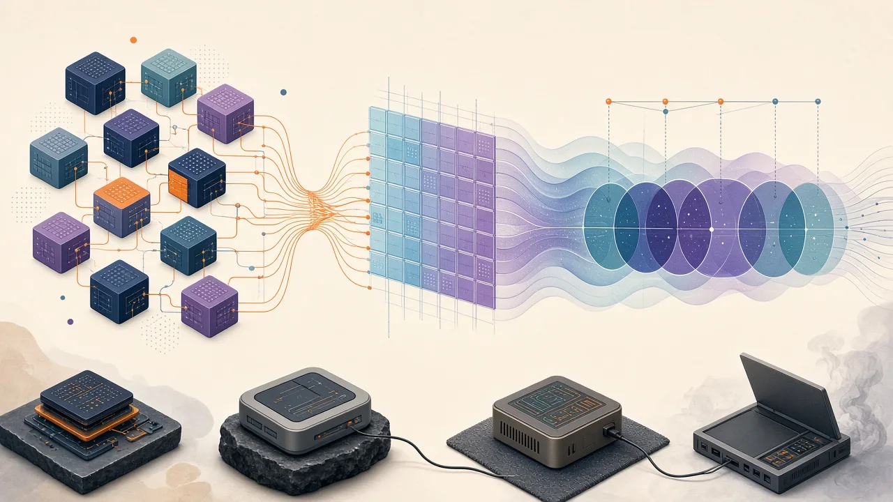 Conceptual diagram showing discrete address space connecting KV quantization and recurrent linear attention states