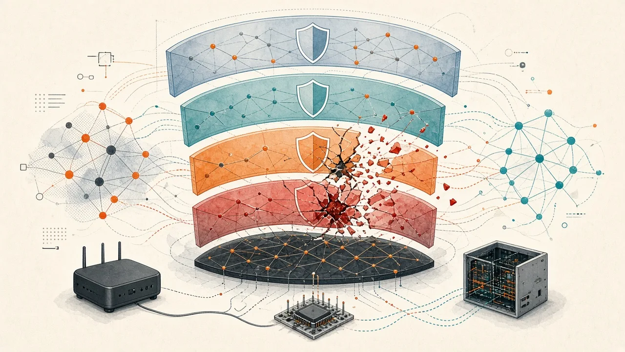 Conceptual visualization of recurrent depths in a looped language model showing inconsistent safety barriers