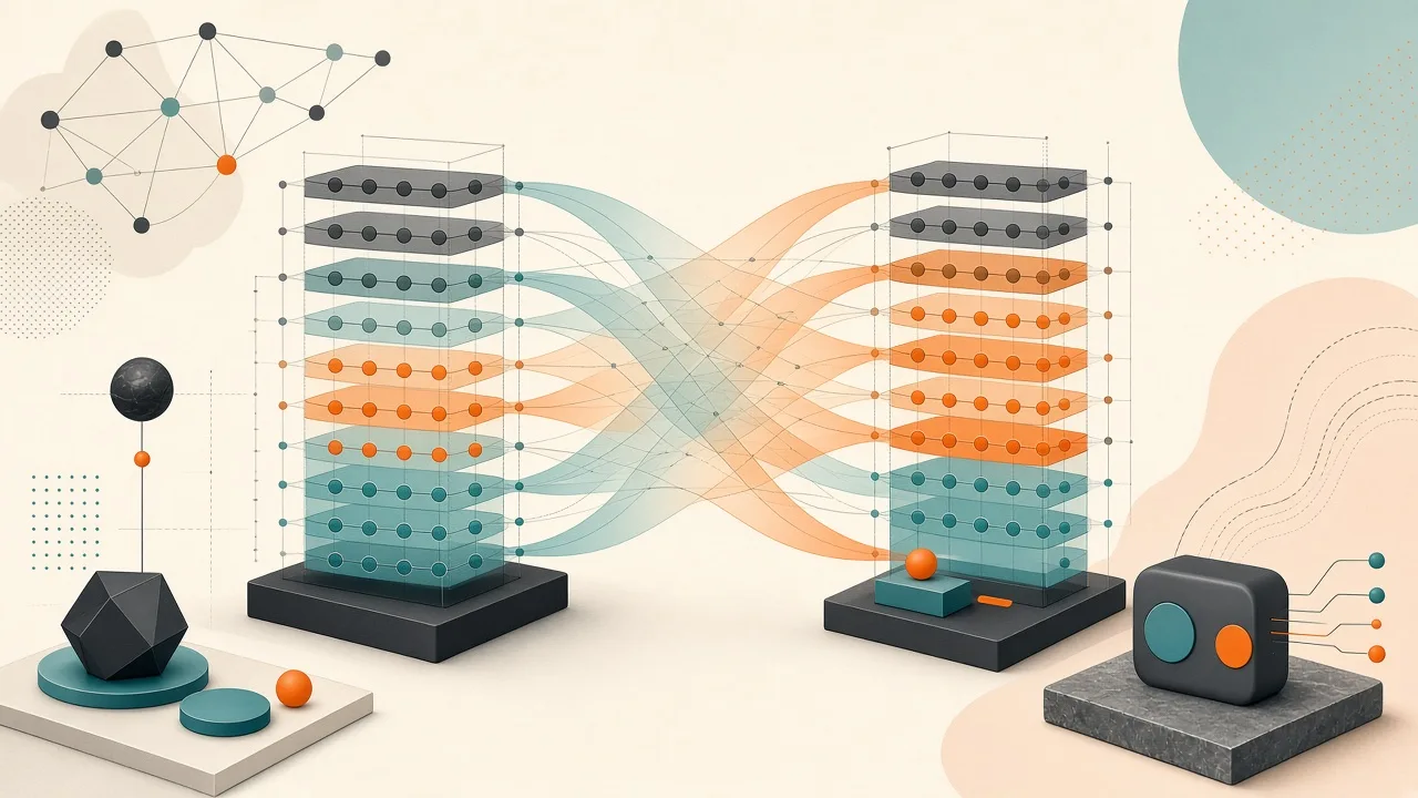 Schematic representation of cross-model layer alignments showing multiple source layers connecting to target layers via learned maps