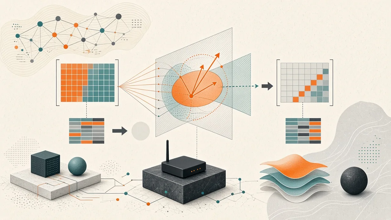 Editorial illustration depicting spectral geometry of model weights and subspace projection for SFT calibration