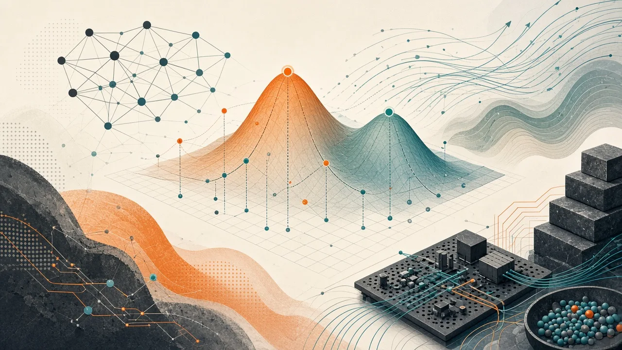 Conceptual visualization of Bayesian optimization applied to low-parameter LLM fine-tuning, showing global search over a simplified mathematical terrain